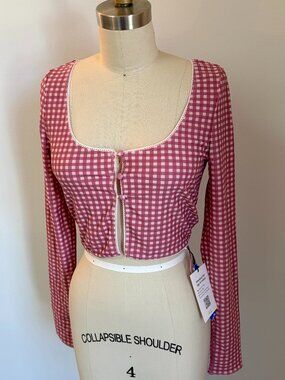 CIDER Pink Gingham 3 Button Long Sleeved Crop- Size XS